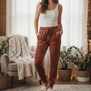 Aerie Crushed Velvet Jogger Pants Rust Velour Lounge Drawstring Size SP Petite